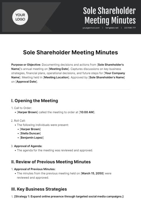 Free Shareholder Meeting Minutes Templates, Editable and Printable