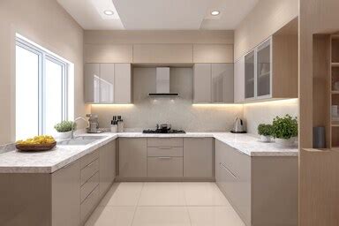 U-Shaped Contemporary Kitchen Design with LED Lights and Quartz Countertops