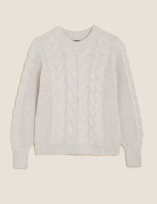 Cable Knit Crew Neck Jumper with Wool