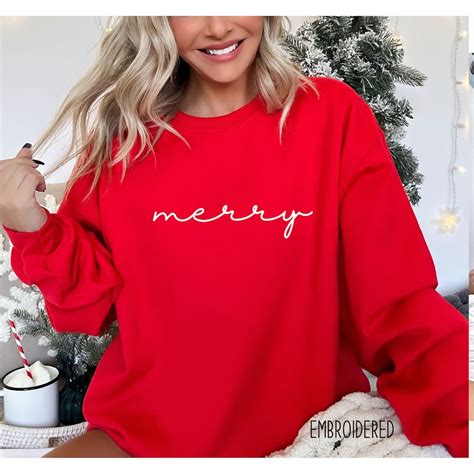 Embroidered Merry Sweatshirt, Christmas Sweatshirt, Womens Christmas ...
