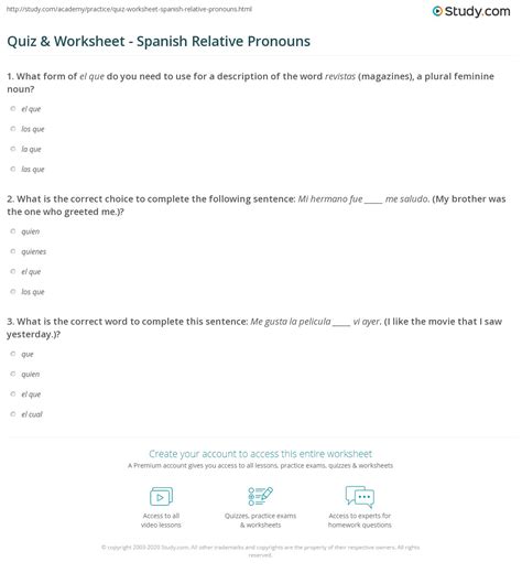 Quiz & Worksheet - Spanish Relative Pronouns | Study.com