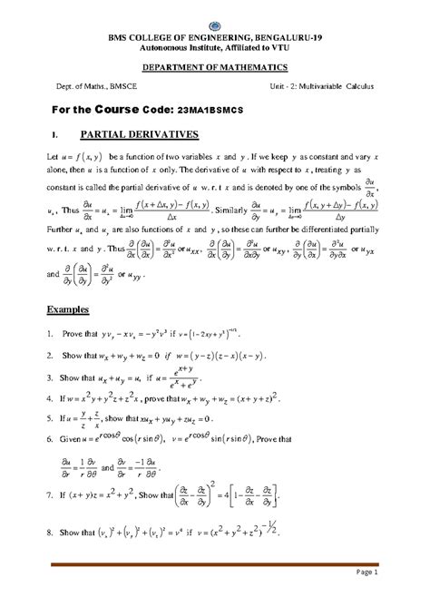 Unit 2: Multivariable Calculus Notes - 23MA1 BSMCS - Studocu