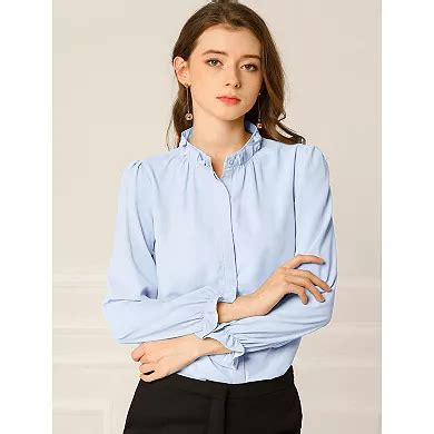 2 Packs Women's Ruffled Trim Button Down Stand Collar Long Sleeve ...