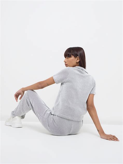 Buy Studiofit Black & White Striped Cotton T-Shirt from Westside