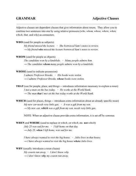 Adjective-clauses - GRAMMAR COURSE WORK - GRAMMAR Adjective Clauses ...