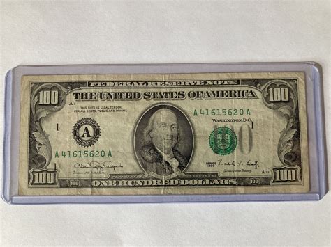 1990 $100 hundred dollar bill FRN misaligned serial number & seal (left ...