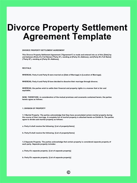 Divorce Property Settlement Agreement Template