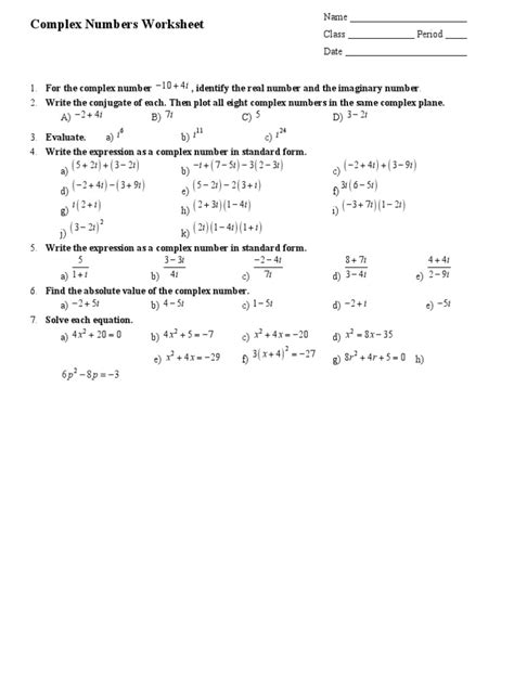 Image result for Precalculus Complex Numbers Worksheet