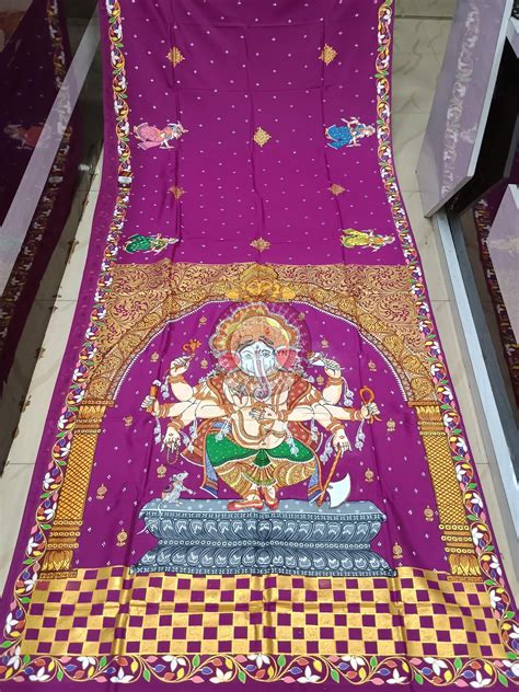 Magenta Ganesh Theme Pattachitra Khadi Silk Saree