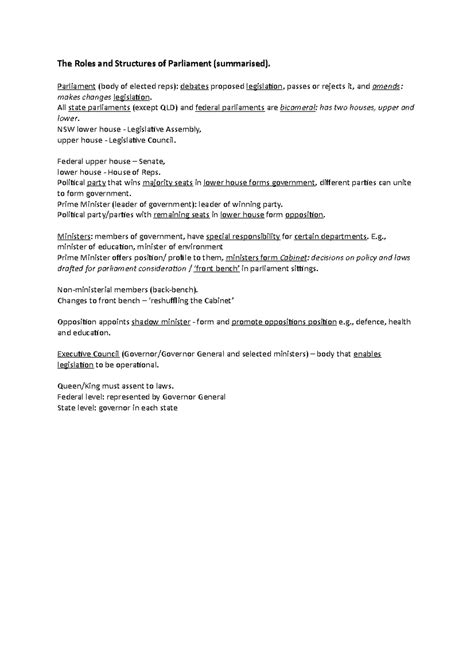 Roles and Structures of Parliment (summarised) - Parliament (body of elected reps): debates ...