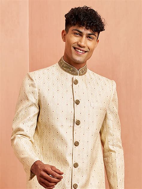 Men's Cream Silk Sherwani Maroon Motif | VASTRAMAY – vastramay
