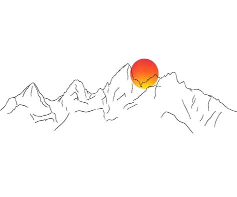 Minimalist mountain line art, sunset drawing, simple outline sketch ...