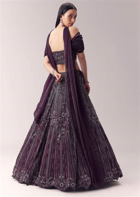 Wine Embellished Lehenga and Choker Dupatta Blouse