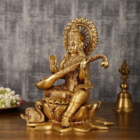 Buy Brass Superfine Goddess Saraswati Sitting on Lotus with Swan | 11 ...