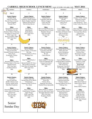 Fillable Online nacs k12 in CARROLL HIGH SCHOOL LUNCH MENU Lunch $1.70 ...