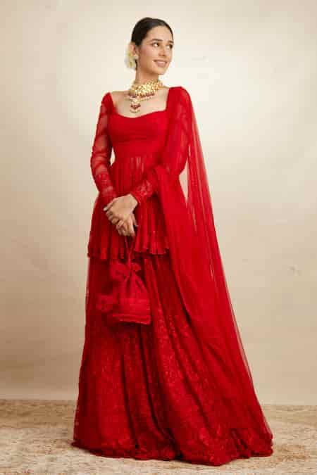 Buy Red Net Thread Scoop Neck Embroidered Peplum Kurta Sharara Set For ...