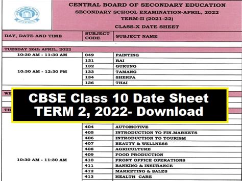 CBSE Class 10 Date Sheet 2022 - PDF Download: English, Hindi, Maths ...
