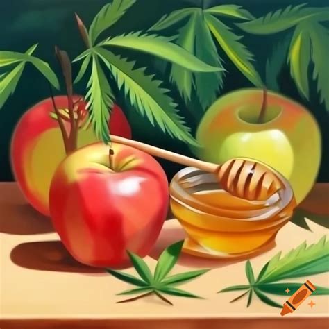 Impressionist painting of apples, honey, and marijuana leaves on Craiyon