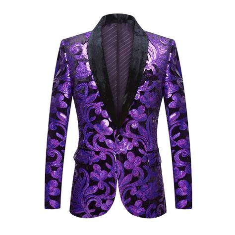 Purple Sequin Mens Blazer Casual Velvet Slim One Button Jacket Wedding ...