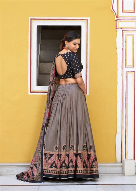 Black Tasar Silk Printed Lehenga Choli with Sparkle Work | The Beauty Queen