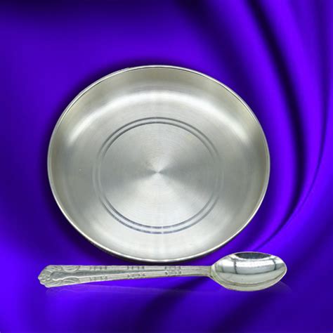 Pure Silver Plate and Spoon for Food Serving From India