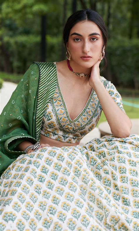 Kainaat - Green Block Printed V-Neck Blouse With Lehenga And Dupatta ...