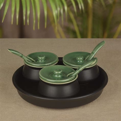 StyleMyWay Black Matt Chutney Bowl Set with Base Tray-Set of 3 ...