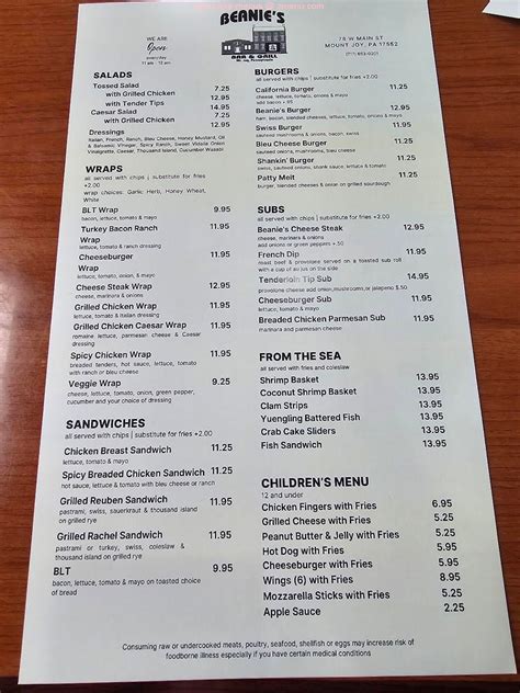 Online Menu of Beanie's Bar & Grill Restaurant, Mount Joy, Pennsylvania ...