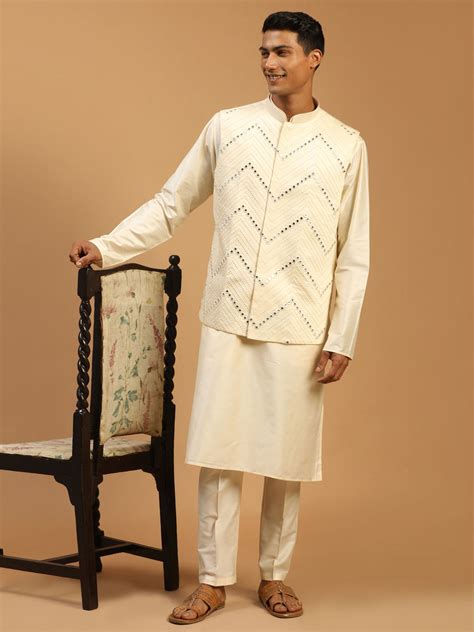 Men's Cream Mirror Jacket With Kurta Pant Set – vastramay