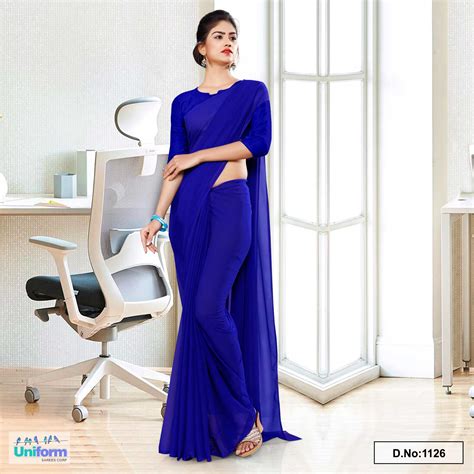Dark Blue Soft Georgette Plain Uniform Sarees For Cleaning Staff