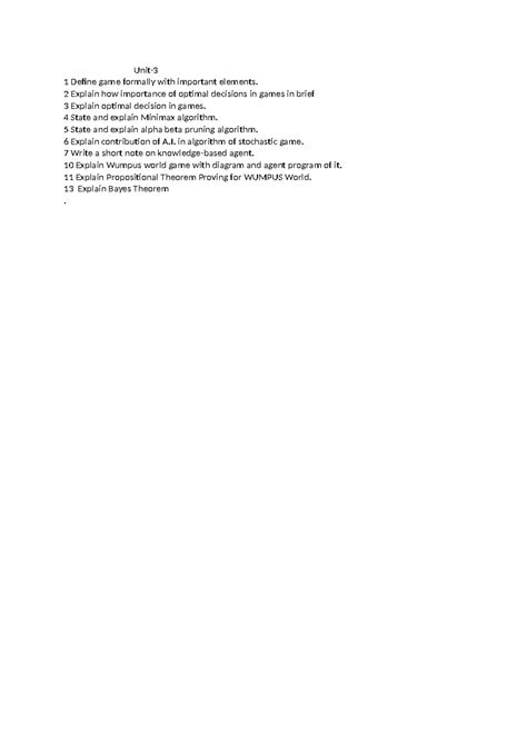 AI Unit 3 QB - Question bank - Unit- 1 Define game formally with ...