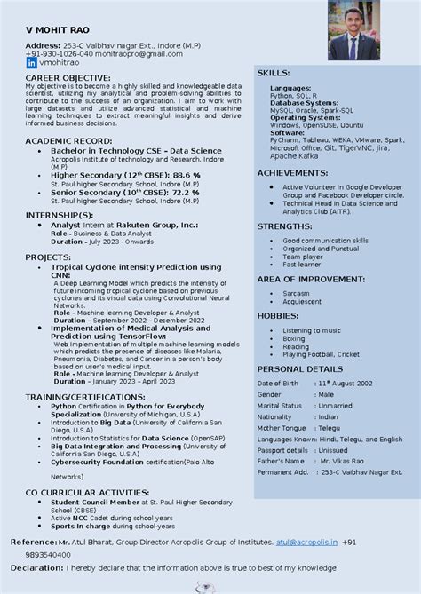 Master Resume Format II - V MOHIT RAO Address: 253-C Vaibhav nagar Ext ...