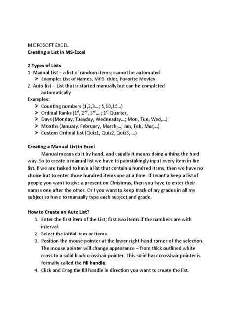Image result for Guide for Creating Lists in Excel