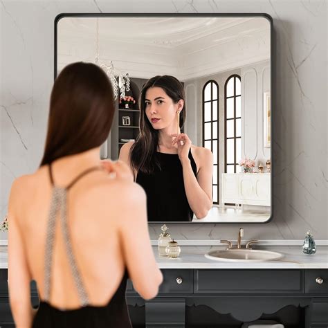 MyDepot Black Vanity Bathroom Mirror for Wall, Metal Framed Rounded ...