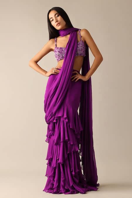 Buy Purple Chiffon Beads Darla Ruffle Pre-draped Saree With Embroidered ...