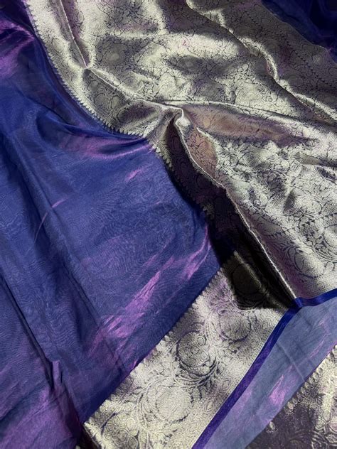 Metallic Purple Shade 100% Pure Tissue Silk Traditional Jacquard Weave ...