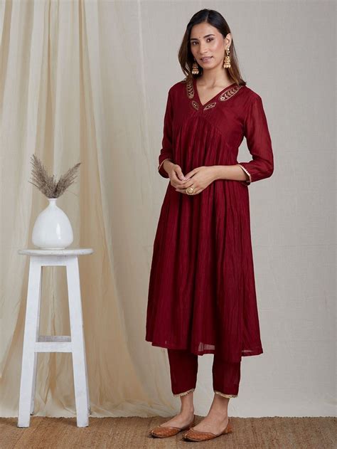 Buy Red Hand Embroidered Chanderi Gathered Suit with Organza Dupatta ...