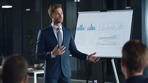 A man in a suit stands in front of a board with graphs and charts ...