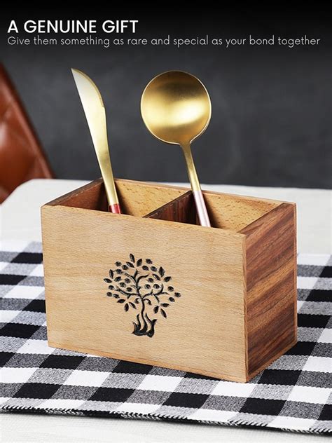VarEesha Tree of Life Sheesham & Beech Wood Divided Cutlery Holder