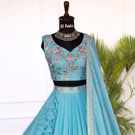Skyblue color Real Mirror & Thread Embroidery work Designer Lehenga Ch ...