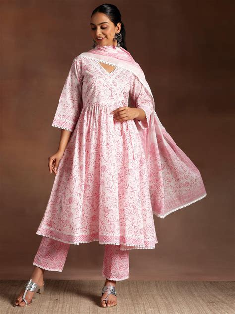 Buy Tabassum Pink Printed Cotton A-Line Kurta With Palazzos & Dupatta ...