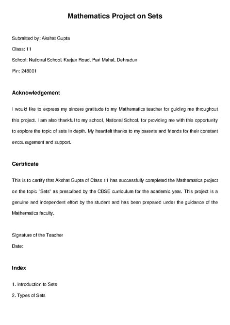 Mathematics Project on Sets for Class 11 - Fixed Title - Studocu
