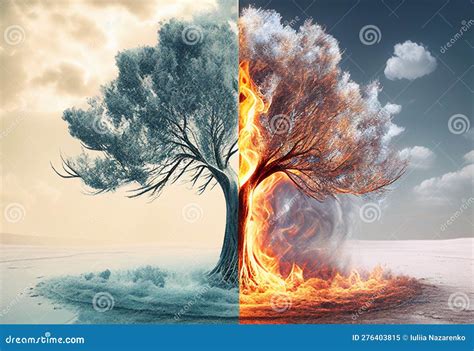 A Large Tree on One Side Burns with Fire, and on the Other is Covered with Ice,. AI Generated ...