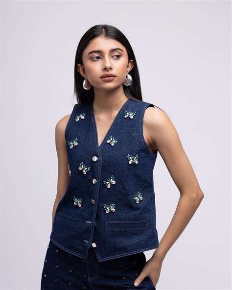 Sleeveless denim waistcoat with embellished butterflies – Magia
