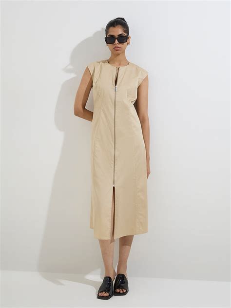 Buy Wardrobe Beige Solid Cotton Straight Dress from Westside