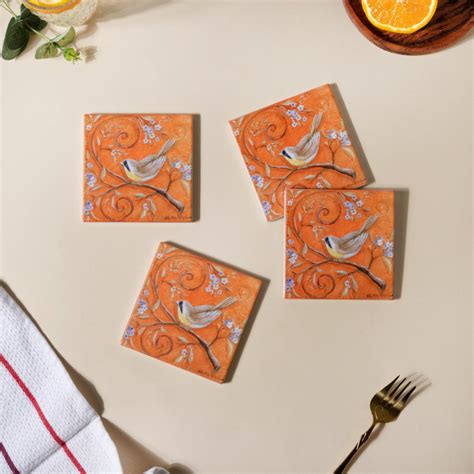Tufted Bird Ceramic And Cork Coster Set Of 4 Online - Premium Coaster ...