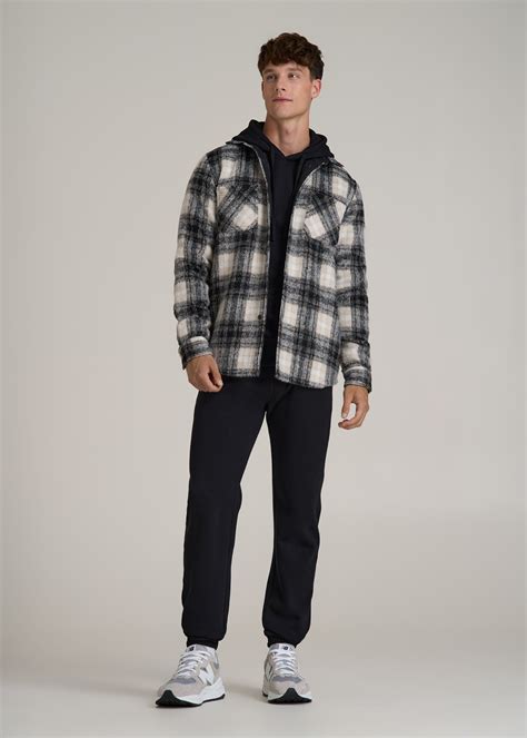 Brushed Flannel Overshirt for Tall Men in Ecru and Black Plaid - L ...