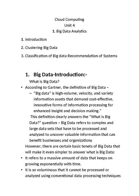 Cc unit4 chapter 1 notes - Cloud Computing Unit 4 Big Data Analytics ...