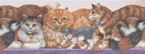 Cats with Green and Blue Collars on Purple Bench ISB4102B Wallpaper ...
