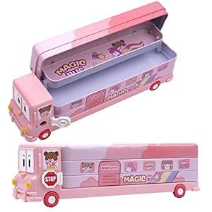 WISHKEY Cute Cartoon Printed School Bus Pencil Box for Kids, Colorful ...